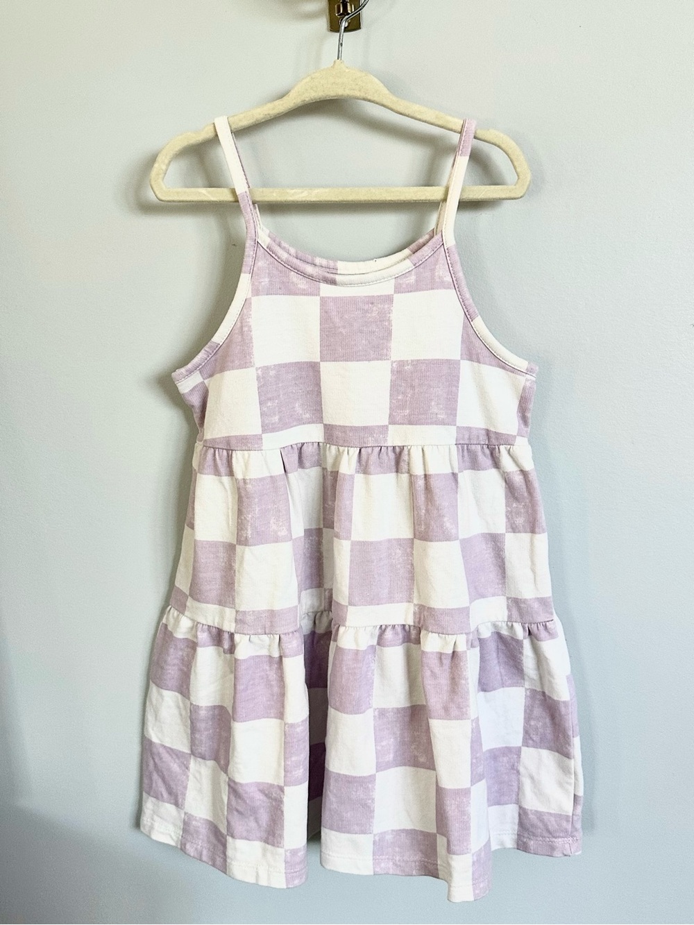 Grayson Mini Girls 5T Lavender White Checkered Tiered Tank Dress